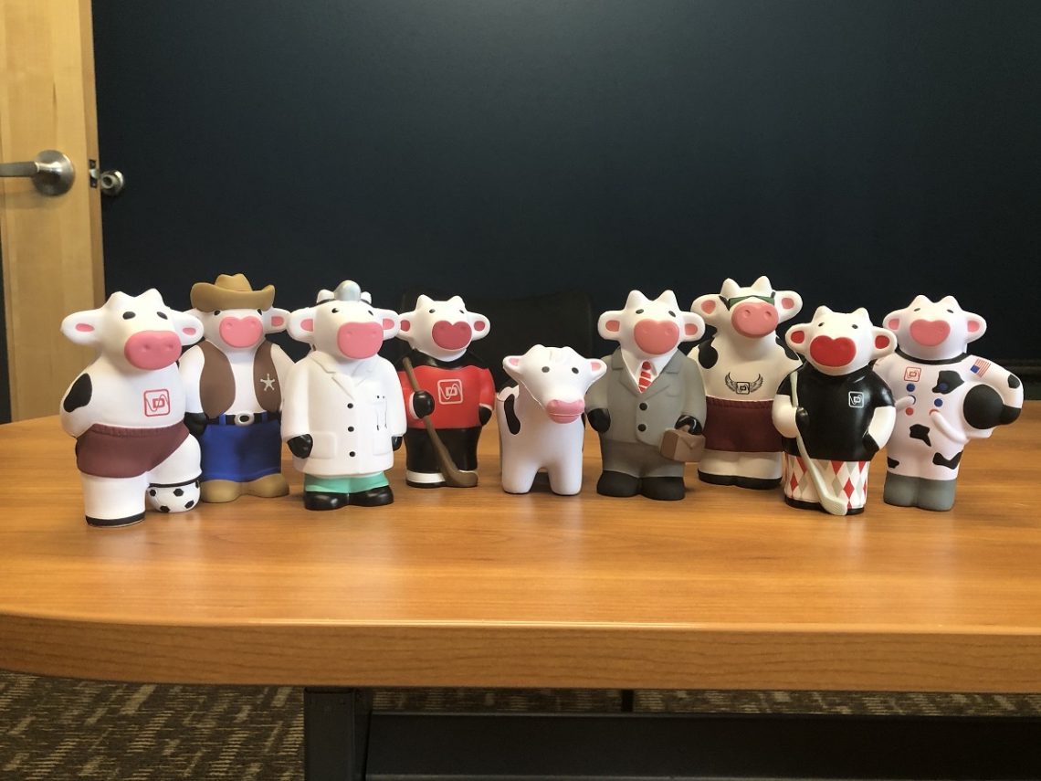 A row of Dairyland cow figurines in costumes on a table